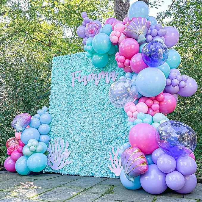Hot Pink and Purple Balloons, 12 Inch Purple Pink Teal Blue Little Mermaid Balloons, Metallic Purple Green Confetti Balloons for Girls Under The Sea Party Balloons Pink and Purple Birthday Decorations
