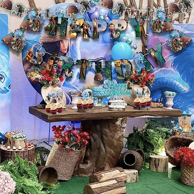 "Raya and the Last Dragn Theme Birthday Party Supplies – Fantasy Princess Party Decorations – Includes Happy Birthday Banner, Cake Topper, Cupcake Toppers, Garland, Table Decor, and More"