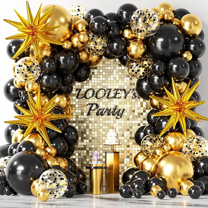 137Pcs Black and Gold Balloons Garland Arch Kit with Stars - 5 10 12 18 inch Black Gold Confetti Latex Party Balloons for 2026 New Year Graduation Retirement Decorations Birthday