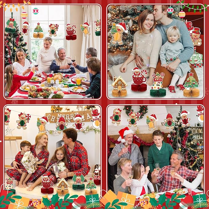 12PCS Christmas Table Centerpieces Gingerbread Christmas Decorations Honeycomb Centerpieces Xmas Party Decorations Snowman Table Toppers for Winter Holiday Party Supplies