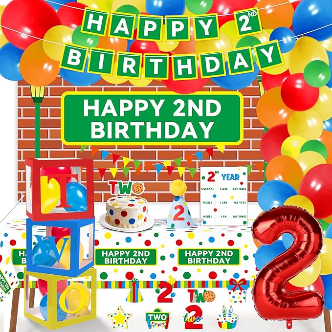 Happy 2nd Birthday Decorations for Baby - Friends 2nd Cookie Birthday Party Favor Red Brick Wall Street Party Supplies Includes Cake Topper Birthday Hat Backdrop Tablecloth Banner Arch Balloon
