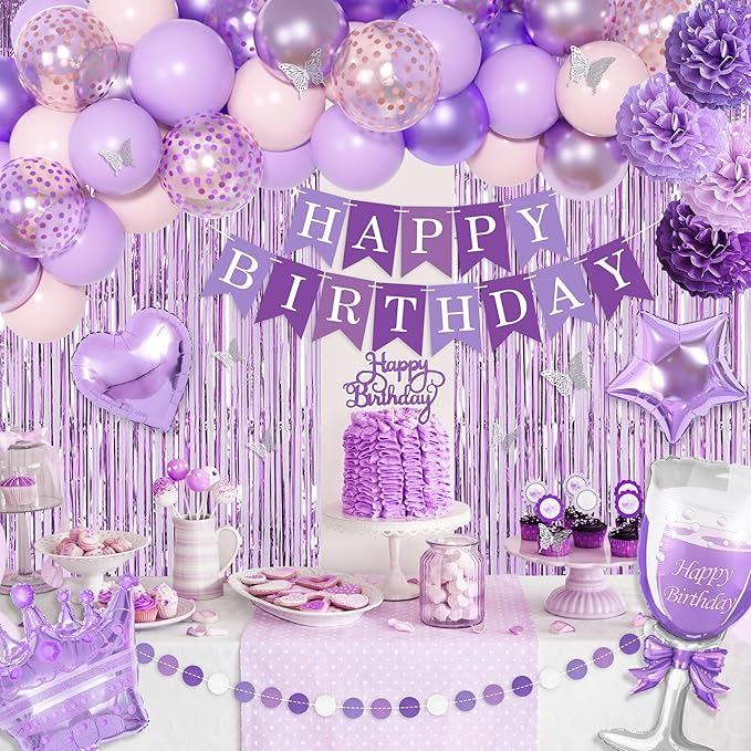 Ouddy Life Purple Birthday Party Decorations for Women Girls, Lavender Purple Pink Foil Confetti Balloons, Fringe Curtain, Cake Topper, Pompoms, Happy Birthday Banner Wedding Princess Party Supplies