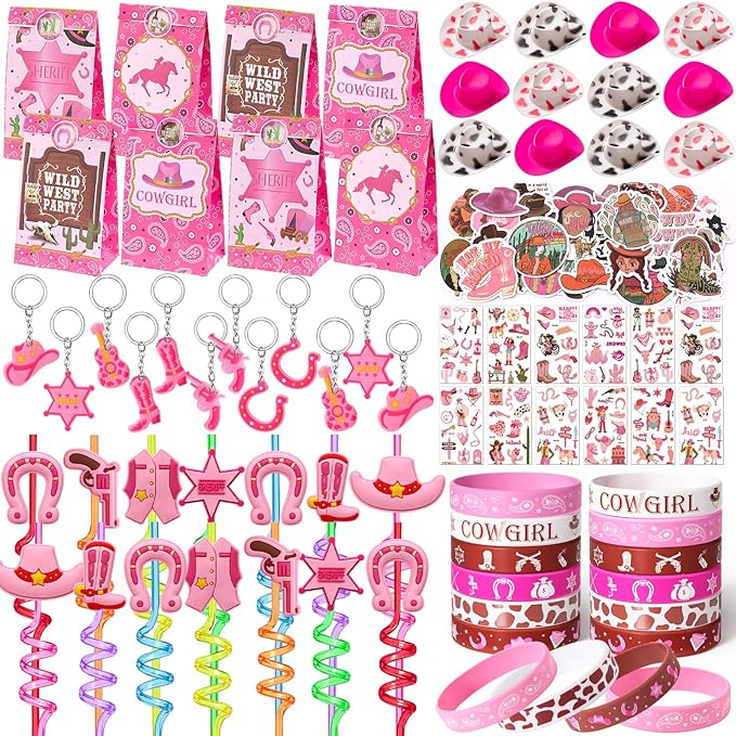 Winrayk 124Pcs Cowgirl Party Favors Hot Pink Birthday Supplies for Girls, Gift Bags Straws Silicone Wristband Mini Hat Keychain Tattoo Sticker, Hot Pink Rodeo Horse Disco Cowgirl Party Favors Supplies