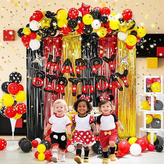 YIIHMEI Cartoon Mouse Birthday Party Decorations Supplies with Black Red Style Letters Banner Balloons Kit for Boy's -105Pcs