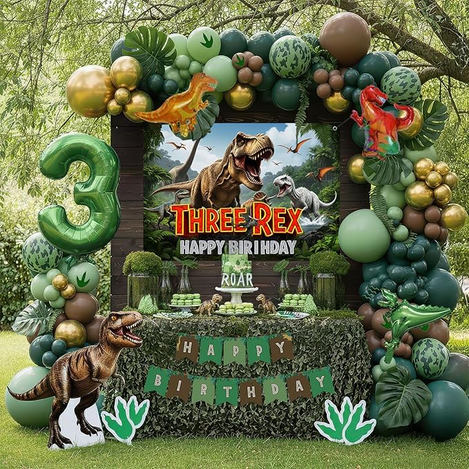 Dinosaur Birthday Decorations include Hunter Green Brown Gold balloon arch & small Dino Foil balloons & banner backdrop & footprint stickers for Kids Boys Jungle Safari Dino 3rd T-Rex Party Supplies