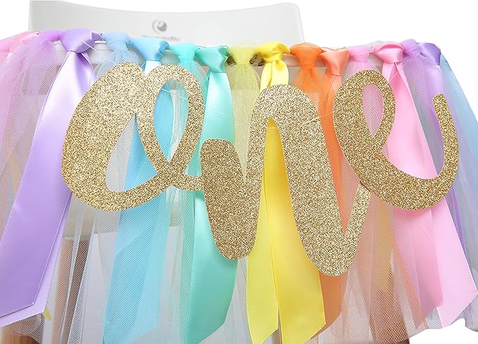 Pastel Rainbow High Chair Banner for 1st Birthday - Party Supplies with Tutu Skirt and Pennant
