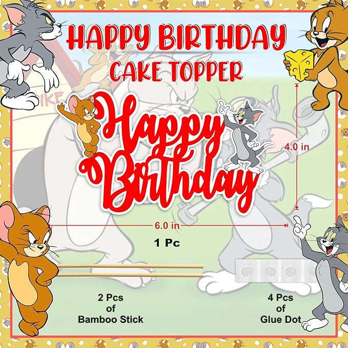 "Tom & Jery Happy Birthday Cake Topper – Cartoon Theme Birthday Party Supplies – Fun and Colorful Cake Decoration – Perfect Cake Decoration for Boys and Girls – Cartoon Party Supplies "