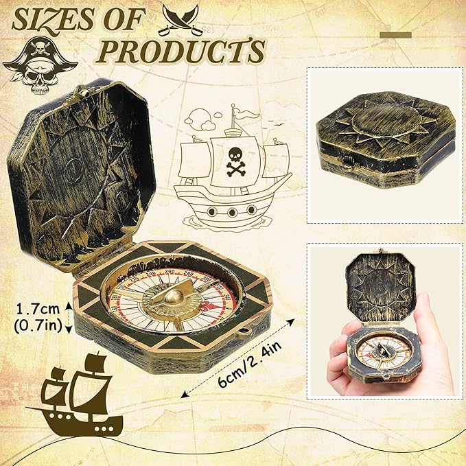 12 Pieces Pirate Party Favor Supplies, Plastic Compass for Kids Antique Captain Toy, Mini Compass Theme Party Decoration for Halloween Birthday, Cosplay Costume (Bronze)