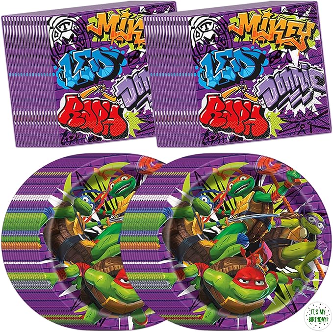 Teenage Mutant Ninja Turtle Birthday Decorations | 32 Plates & 32 Napkins | Officially Licensed | NInja Turtle Party Decorations | TMNT Mutant Mayhem Movie