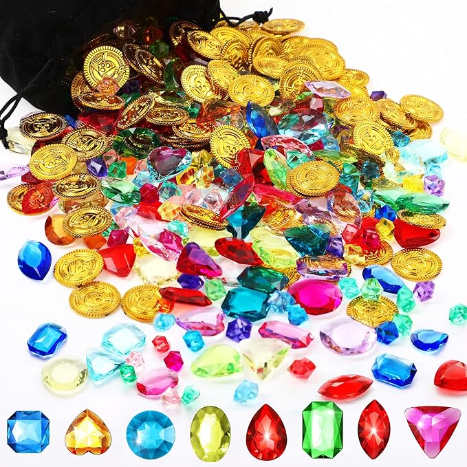 Gejoy 430 Pcs Summer Pool Pirate Party Favors Pirate Treasure Jewels and Gold Fake Coins Booty Chest Play Set with Drawstring Bag for Summer Diving Adventure Themed Party Decorations