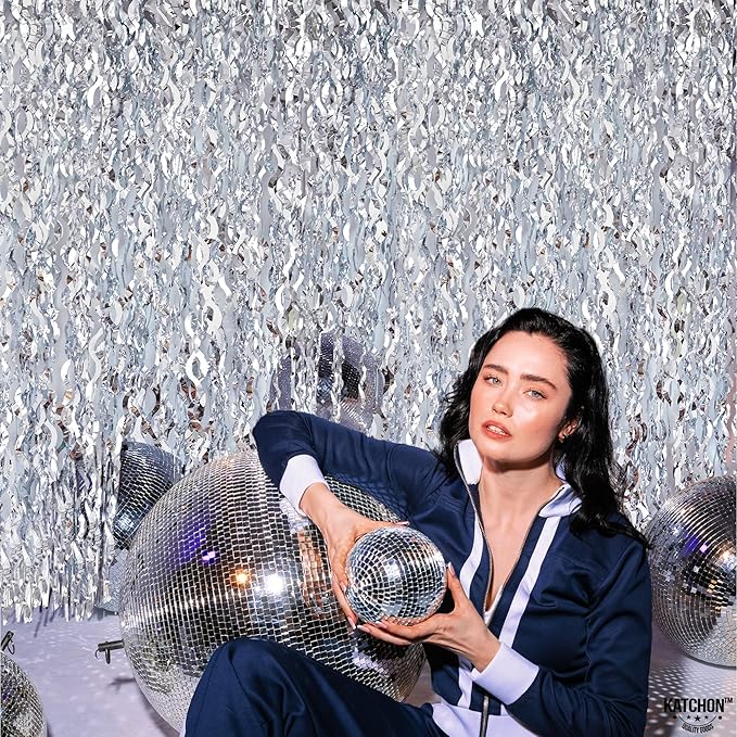 KatchOn, XtraLarge Wavy Silver Backdrop Curtain - Pack of 2 | Silver Streamers Backdrop for Disco Party Decorations | Fringe Curtains for New Years Decorations 2026 | Birthday, Engagement Decoration