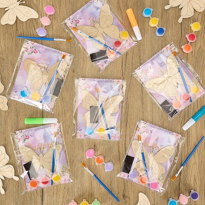 24 Pack Butterfly Party Favors - Non-Toxic Wooden DIY Butterflies Paint Craft - with Magnet Luminous Pen Diamond Sticker - Butterfly Birthday Party Supplies Goodie Bag Gift Prize for Kids Girl Toddler