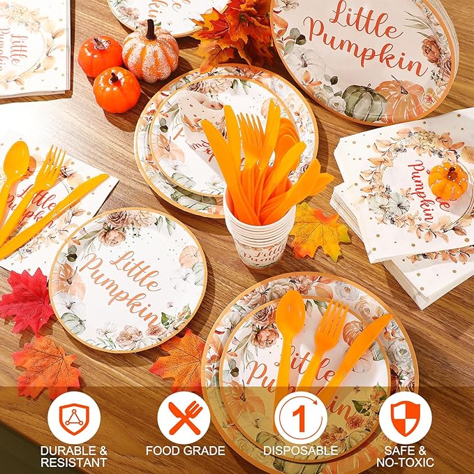 Dandat 350 Pcs Baby Shower Plates Set Baby Shower Party Supplies Serves 50 Tableware Sets Include Plates Napkin Cup Forks Knives Spoons Disposable Dinnerware(Little Pumpkin,Orange)