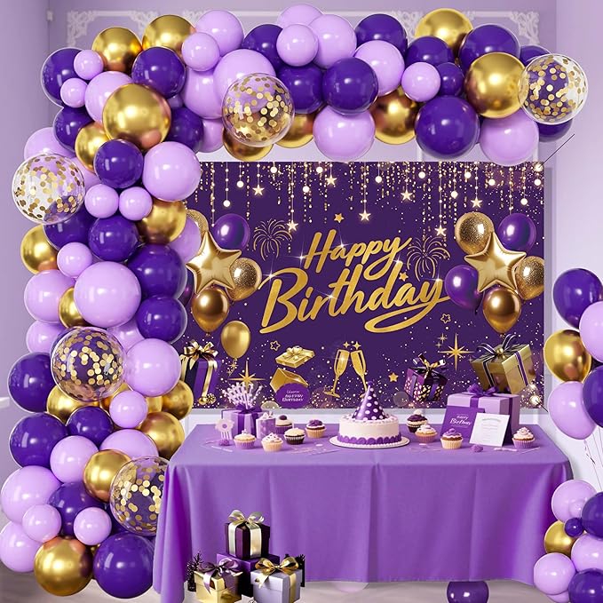 Purple and Gold Birthday Decorations for Women,Party Supplies with Happy Birthday Backdrop,Balloon Garland Arch Kit For Girls