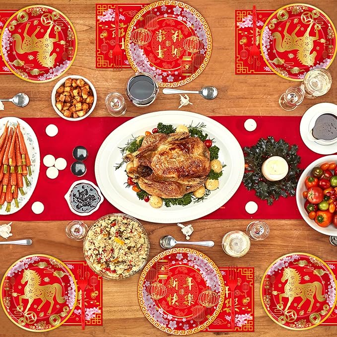 96 Pcs Chinese New Year Party Supplies Paper Plates Napkins Happy 2026 Red Gold Horse Tableware Set Spring Festival Party Plates Napkins Forks Chinese Lunar New Year Eve Decorations Serves 24