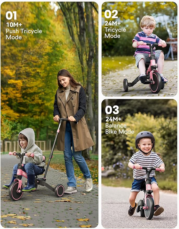 besrey 4 in 1 Toddler Bike, Toddler Tricycle for 1-3 Year Old, Trike with Push Handle, Backrest and Safety Belt, Birthday Gifts and Toys for Boys and Girls, Balance Bike
