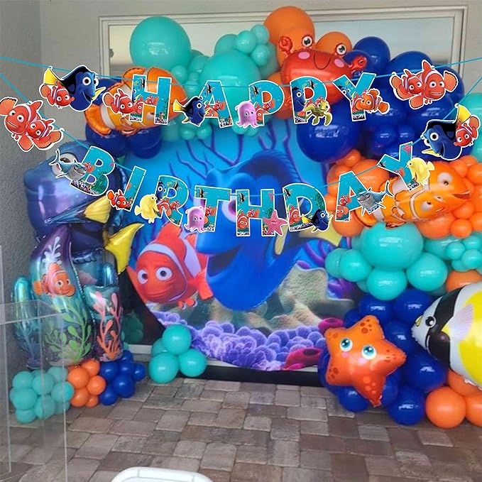 Findng Nmo Happy Birthday Banner – Colorful Underwater Theme Birthday Party Decoration – Durable, Reusable, and Easy to Hang Banner for Birthday Parties – Perfect Party Supplies for Boys and Girls