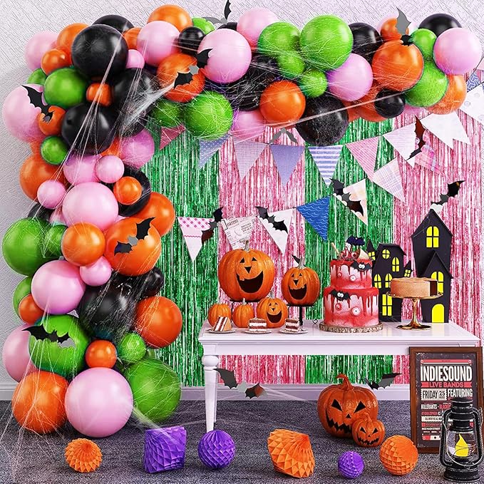 4 Pack Pink and Green Party Decorations Tinsel Foil Fringe Backdrop 3.3’x6.6’, Wicked Party & Halloween Streamer, Durable Metallic Tassel Create Photo Booth & Entrance