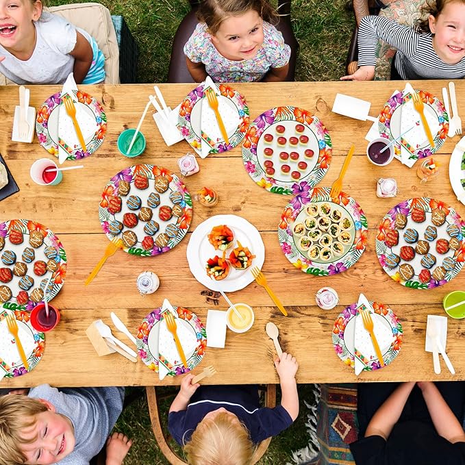 180 Pcs Summer Hawaii Paper Plates and Forks Beach Party Supplies 9'' Disposable Plates 7'' Paper Snack Plates Plastic Forks for Kids Birthday Hawaiian Beach Party Decorations, Serves 60