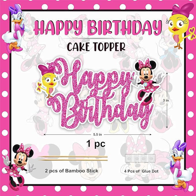"Minie Mouse Happy Birthday Cake Topper – Cartoon Theme Cake Decoration for Girls – Pink and Cute Minie Cake Topper for Shower, Birthday Party, Family Celebrations & Cartoon Fan Events"