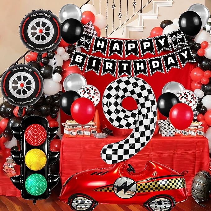 Race Car Birthday Party Decorations, with 40 Inch Number 9 Balloon, Happy Birthday Banner, Traffic Light and Foil Tire Balloon for 9th Car Themed Birthday Party Supplies