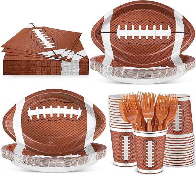 durony 144 Pieces Oval Football Theme Disposable Paper Plates Tableware Set Football Birthday Party Decorations with Plates Napkins Forks Cups Serve 24 for Sports Game Party Supplies, 11.6 x 7.9 Inch