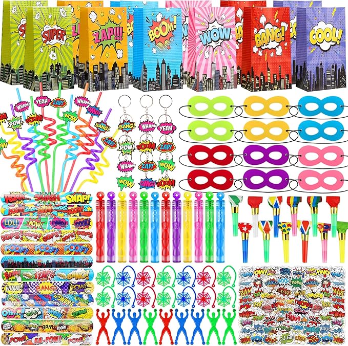 208Pcs Hero Party Favors - for 12 Guests, Hero Birthday Party Supplies, with Mask Straw Slap Bracelets Keychain Party Blowers Stickers Sticky Hands for Goodie Bag Stuffer, Pinata Filler