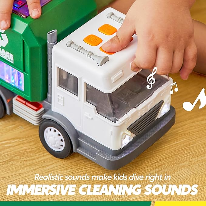 LED Garbage Truck Toy Set Includes Dumpster, Toy Truck with Mode Switch & Volume Control, Trash Vehicle with Lights and Sounds, Automatic Bump, Easter Basket Stuffers Birthday Gift for Boys Girls