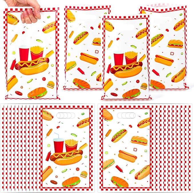 Hot Dog Party Favor Bag 50Pcs Hotdog Snacks Goody Candy Treat Gift Bag Delicious Food Themed Party Decoration for Kids Birthday Party BBQ Sausage Food Hotdog Celebrations Picnic Supplies