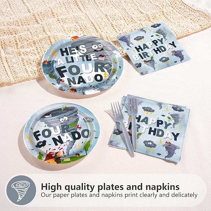 96Pcs Fournado Birthday Party Decorations 4th Birthday Boy Plates and Napkins Disposable He is a Little Four Nado Four Nado Tableware for Boys Kids 4 Year Old Party Supplies, Serves 24