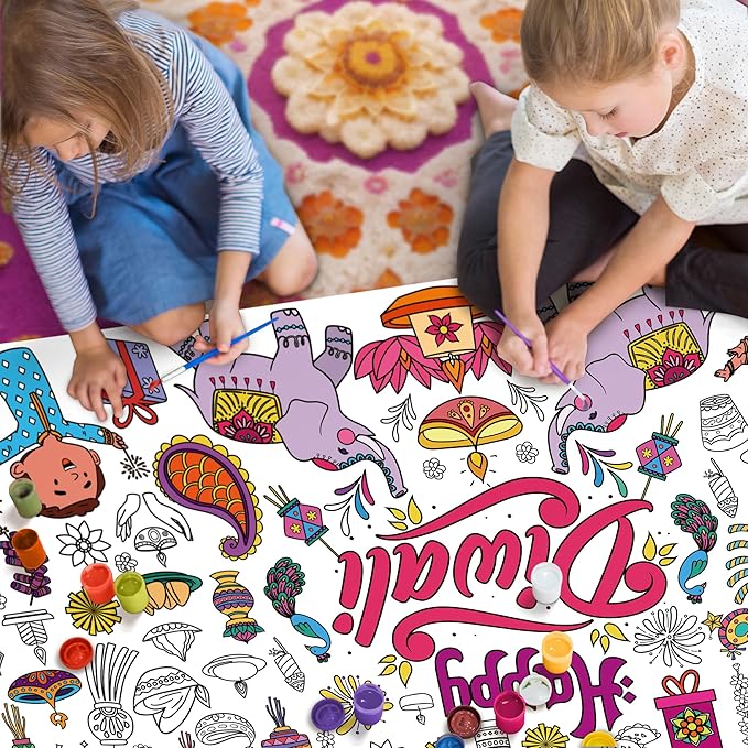 OHOME Diwali Giant Coloring Poster/Tablecloth - Diwali Decorations for Home - 30 x 72 Inches Jumbo Coloring Banner Kids Crafts Activities Decor Party Decorations | Diwali Gifts