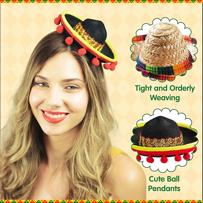 JOYIN 6 PCS Cinco De Mayo Fiesta Fabric and Straw Sombrero Headbands Party Costume for Fun Fiesta Hat Party Supplies, Luau Event Photo Props, Mexican Theme Decorations and Party Favors