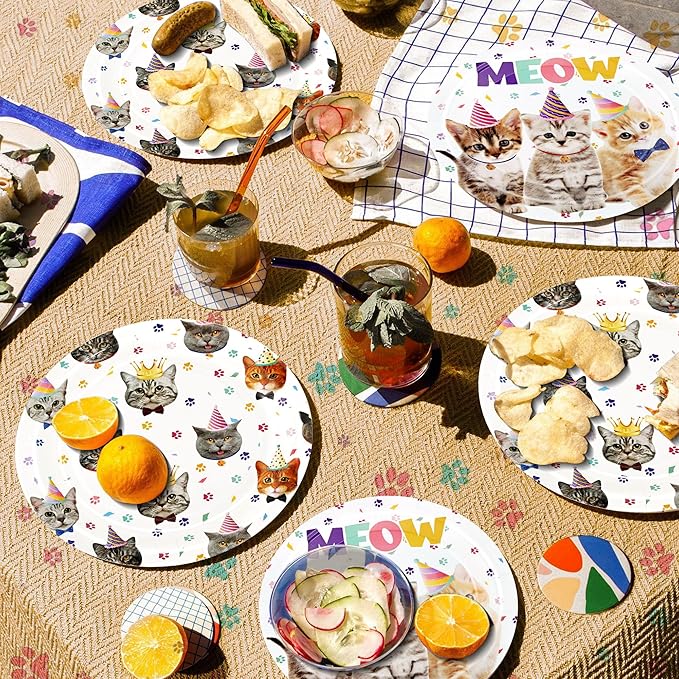 CANREVEL 96 PCS Cat Party Plates Serve 24, Cat Plates and Napkins Forks Set, Disposable Tableware for Birthday Supplies Party Decorations for Grils Women Boys Men