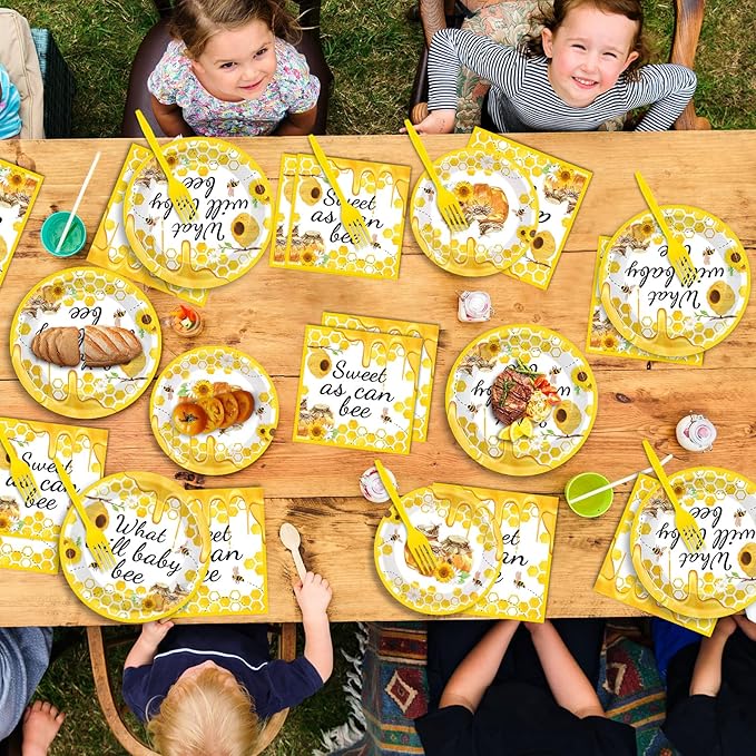 gisgfim 96Pcs Bee Party Supplies Bee Baby Shower Paper Plates and Napkins What Will Baby Bee Gender Reveal Party Dinnerware Set Honey Bumble Birthday Party Tableware Decorations Favors Serve 24