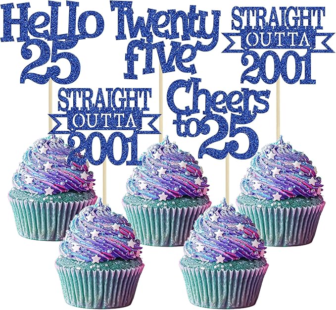 Ephlyn 24Pcs 25th Birthday Cupcake Toppers Glitter Straight Outta 2001 Cupcake Picks Hello 25 Cheers to 25 Years Cake Decorations for 25th Birthday Anniversary Party Decorations Supplies Blue