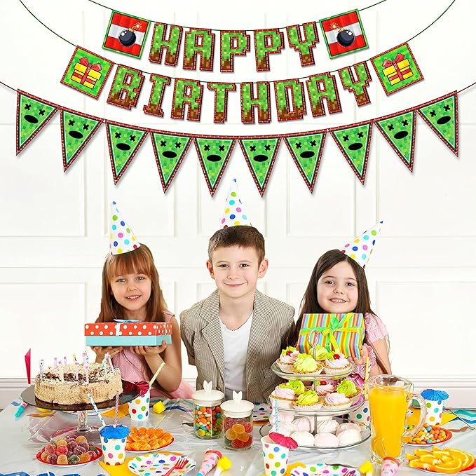 IndoTribe Pixel Happy Birthday Banner Pre-strung - 10ft Pennant Banner Flag Video Game Birthday Decorations Miner Backdrop Gaming Birthday Party Decorations Gamer Party Decorations