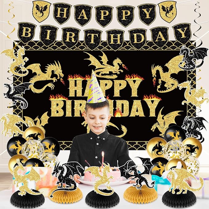 Dragon Birthday Party Decorations Black Gold Dragon Knight Party Supplies with Birthday Banner Backdrop Honeycomb Topper Hanging Swirls Balloons for Kids Dragon Decor