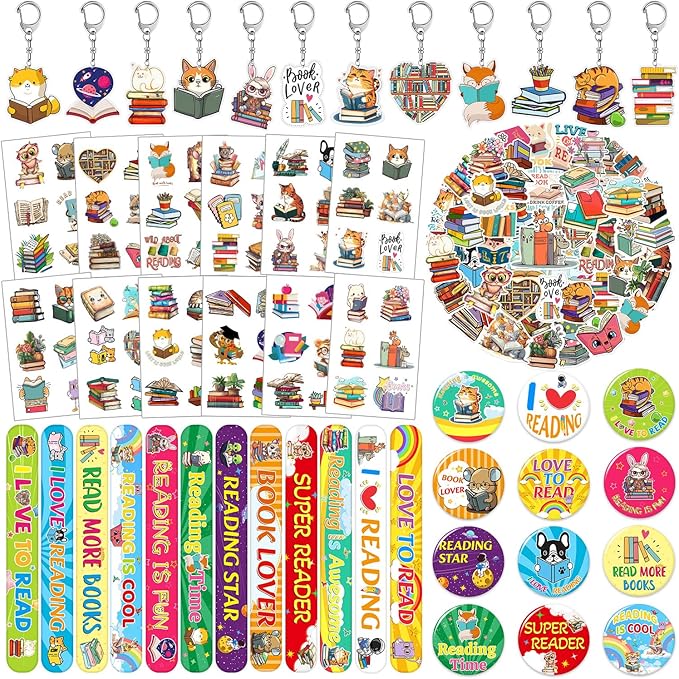 98 PCS Reading Book Party Favors, Reading Book Temporary Tattoos Slap Bracelets Stickers Badges Keychains for Reading Book Birthday Party Decorations Supplies for Book Lovers