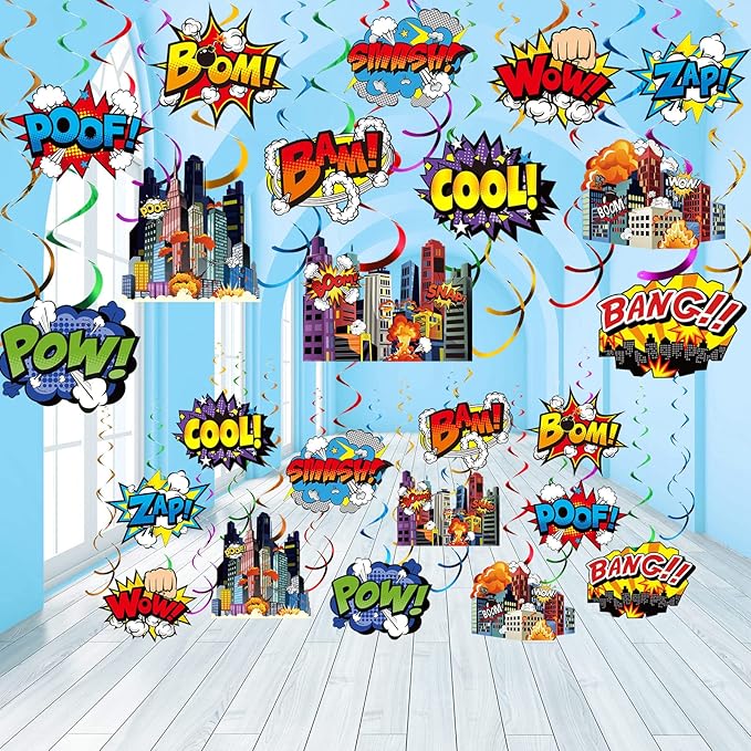 Sumind 54 Pcs Hero Themed Hanging Swirls Hero Action Sign Foil Ceiling Streams Party Banner Decoration for Kids Baby Shower Celebrating Events Birthday Party Supplies Room Wall Decor(Cute)