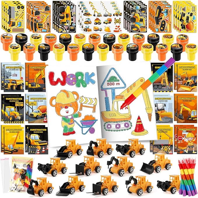 BenLouis 84Pcs Construction Party Favors Excavator Theme Coloring Books Crayons Sticker Set Bulk for Kids Construction Birthday Goodie Bag Stuffer Classroom Gifts Rewards Craft Pinata Fillers