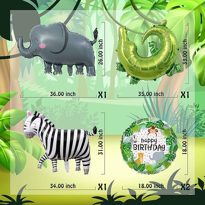 TUWUNA 9Pcs Safari Jungle Animal Balloons,Wild One Birthday Decorations Baby Shower Jungle Safari Party Supplies,Kids Elephant Monkey Lion Giraffe Leopard Zebra Crocodile Balloon