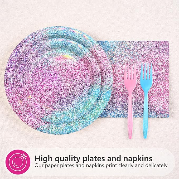 96Pcs Pastel Rainbow Party Decorations Iridescent Party Supplies 350GSM Holographic Print Rainbow Plates and Napkins Set for Baby Mermaid Birthday party Bachelorette Bridal Shower Wedding Serves 24
