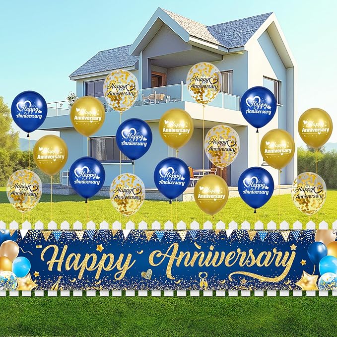 Happy Anniversary Banner Decorations Navy Blue Gold Happy Anniversary Yard Banner Sign with 18pcs Happy Anniversary Balloons Confetti Set for Men Women Wedding Party Supplies Decor
