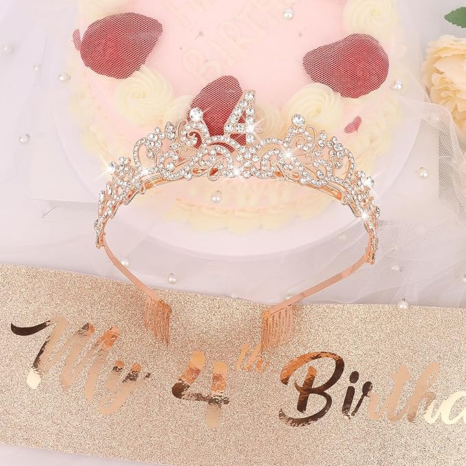 Semato 4th Birthday Decorations for Girl Sash and Crown Kit Rose Gold 4 Year Old Girl Birthday Gifts for Her Party Supplies