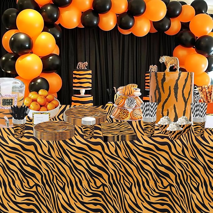 Tiger Print Birthday Plates And Napkins Party Supplies, Safari Jungle Animal Tiger Texture Print Party Decorations Tableware, Plate, Cup, Napkin, Fork | Serves 24