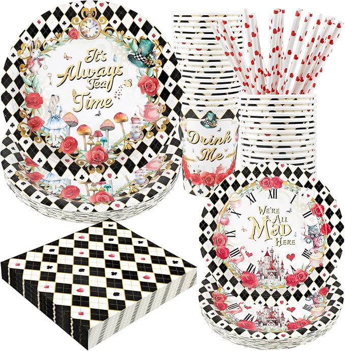 Alice Tea Party Decorations - Baby Shower Paper Plates, Napkins, Cups & Straws for 24 Guests, 120 Pcs Disposable Party Dessert Dinnerware