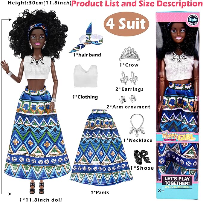 6 Pack African American Fashion Dolls Set with Mix & Match Outfits – 11.5" Posable Black Dolls & 5 Accessories Each (Crown, Necklace, Headscarf & More) + Pink Gift Case