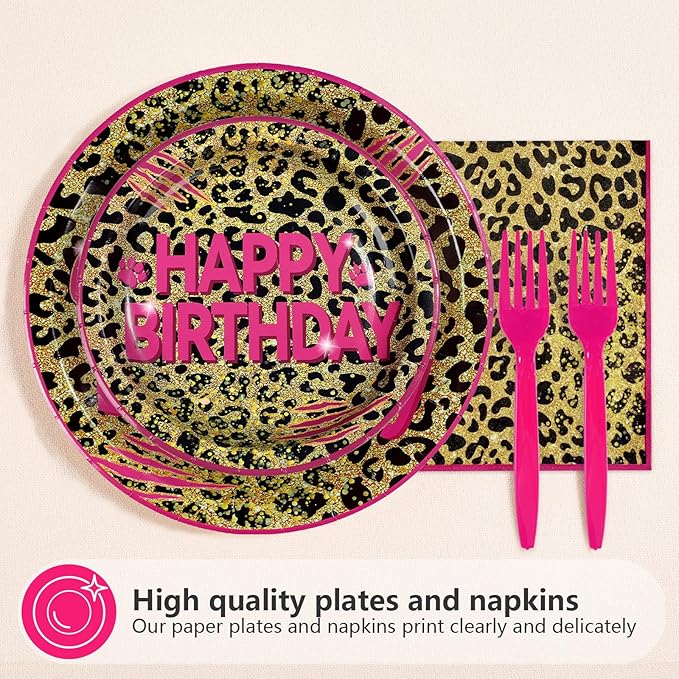 96Pcs Cheetah Print 40th Birthday Party Supplies Pink Animal Leopard Print Plates and Napkins Leopard Happy 40th Birthday Tableware Set for Girls Safari Animal Party Decorations Serves 24