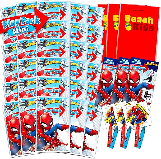 Marvel Spiderman Birthday Party Favors for Kids Boys - Bundle of 24 Spider-Man Activity Packs with Mini Coloring Book, Crayons, Loot Bags | Superhero Coloring Pages, Stickers, More