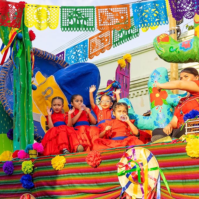 18 FT Cinco De Mayo Party Decorations, 1 Pack Fiesta Banner with 9 Plastic Papel Picado, Colorful Mexican Theme Party Flag Banner Dia De Los Muertos Day of the Dead Hanging Decor Home Party Supplies